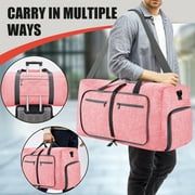Travel Duffle Bag for Men Women, 65L Foldable Travel Duffel Bag with Shoes Compartment, 24 Extra Large Overnight Bag, Waterproof & Tear Resistant Weekender Bags (Pink)
