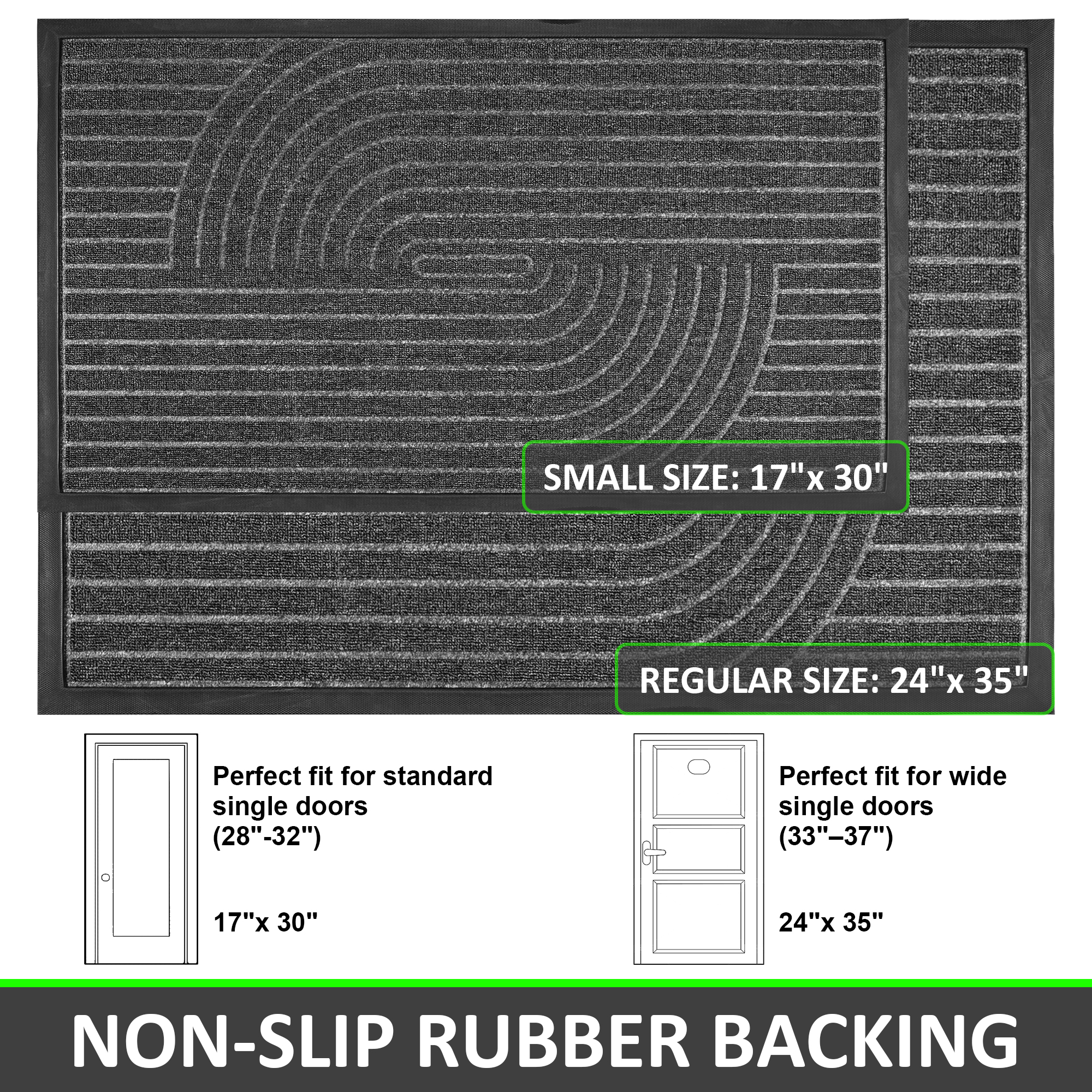 Vaparinckl Outdoor Mat, Non Slip 17"x30" Doormat, Front Door Welcome Mat, Absorbent Rubber, Low Profile Dirt Trapper Indoor Rug For Entryway & Outside Entrance, Gray