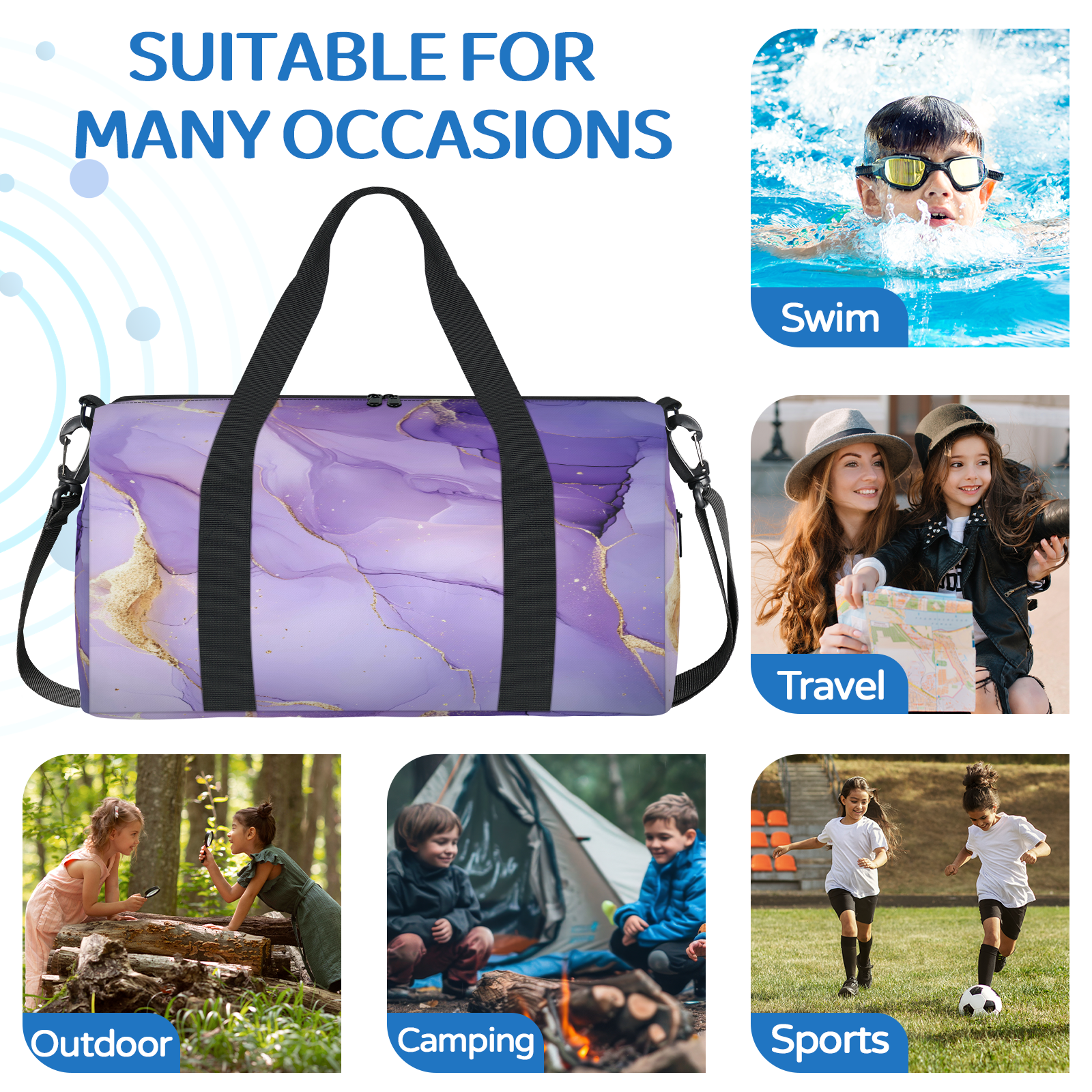 Herdesigns Purple Gym Bag for Women, Marble Duffle Bag for Travel Sport, Lightweight Waterproof Carry on Weekender Overnight Dance Yoga Workout Bags