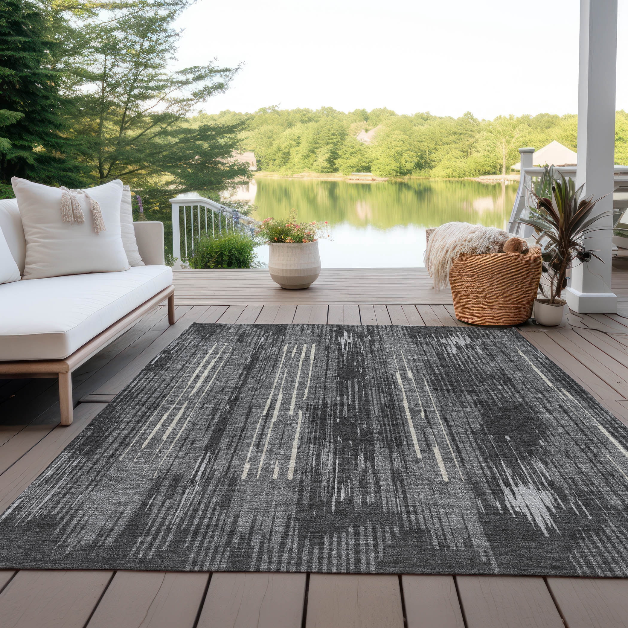 Addison Rugs Chantille Indoor/Outdoor Transitional Stripes Charcoal Washable Rectangle Rug, 8' x 10'