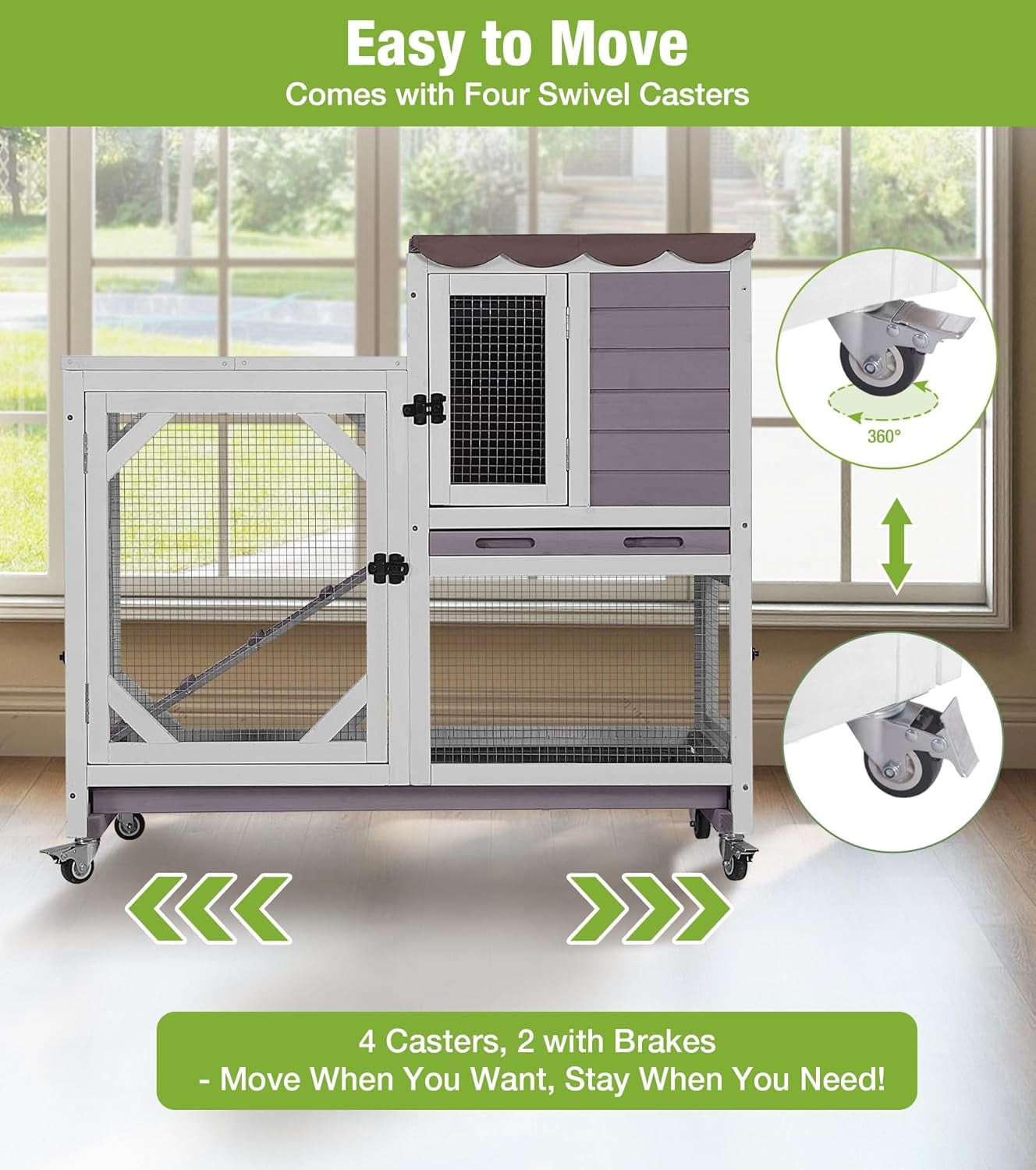 MEDEHOO Duplex Rabbit Hutch Indoor with Chew-Proof Frame & 2 Leak-Proof Sliding Trays, Rain Cover, Wooden Guinea Pig Cages with Wheels - Grey