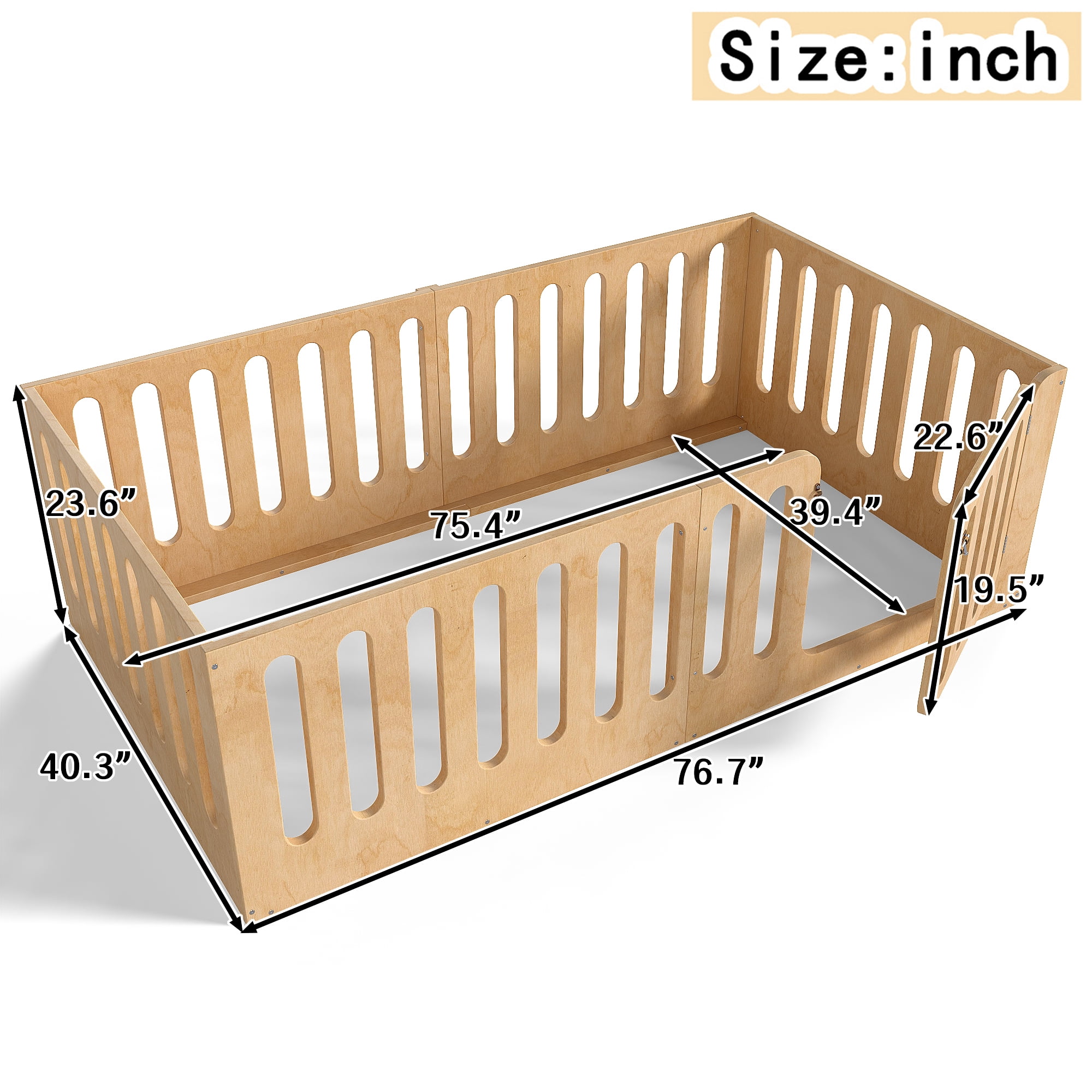 Miniyam Twin Floor Bed with Door, Low Profile Kids Bed with Guardrails,, Natural