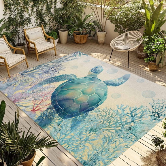 Teal Sea Turtle Outdoor Rug for Patio/Deck/Porch, Non-Slip Large Area Rug 4 x 6 Ft, Summer Coastal Coral Ocean Linen Texture Indoor Outdoor Rugs Washable Area Rugs, Camping Rug Carpet Runner
