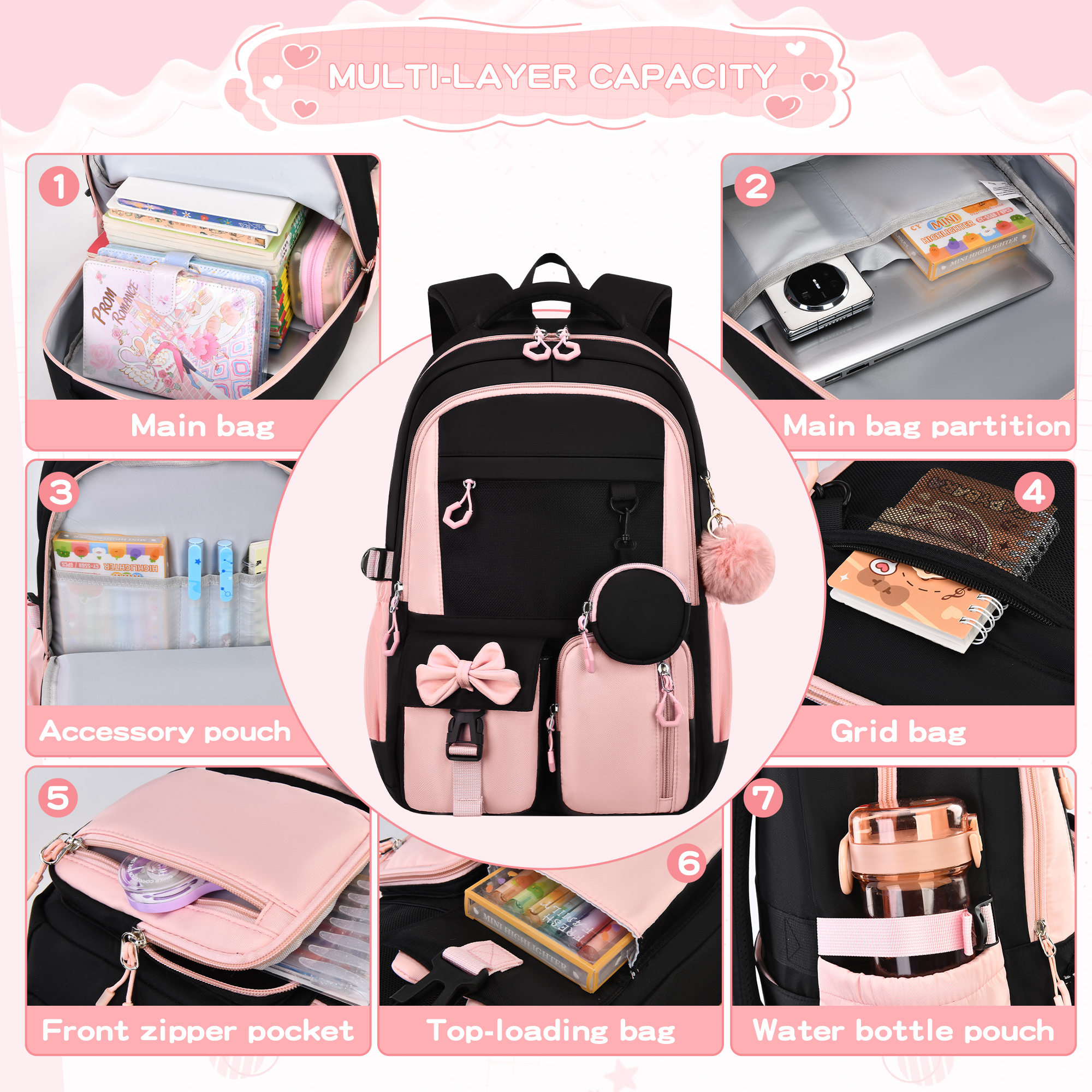 Mochila escolar de caramelo para niñas y niños, morral grande para libros con múltiples bolsillos, ligera y resistente al agua, para primaria, secundaria y universidad 2