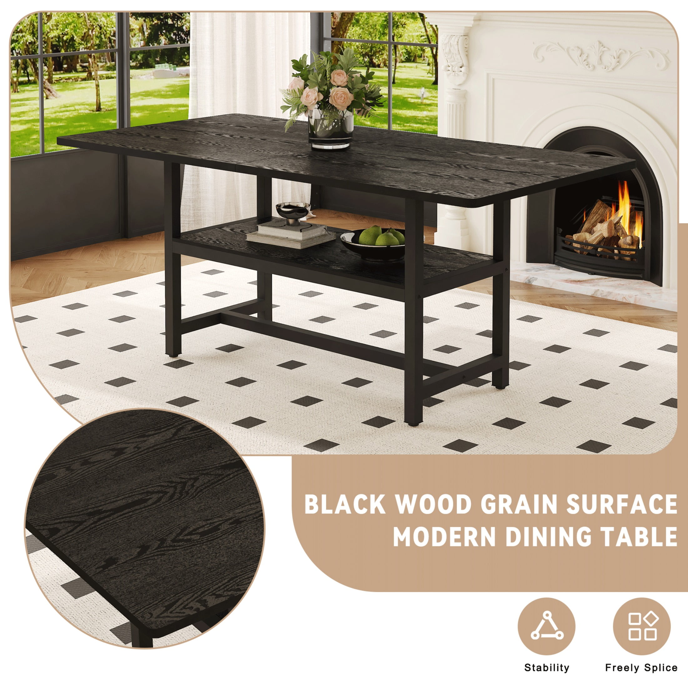 71" Dining Table, Minimalist Kitchen Table for 4-6, MDF Dinner Table with Metal Legs, for Kitchen, Dining Room, Black
