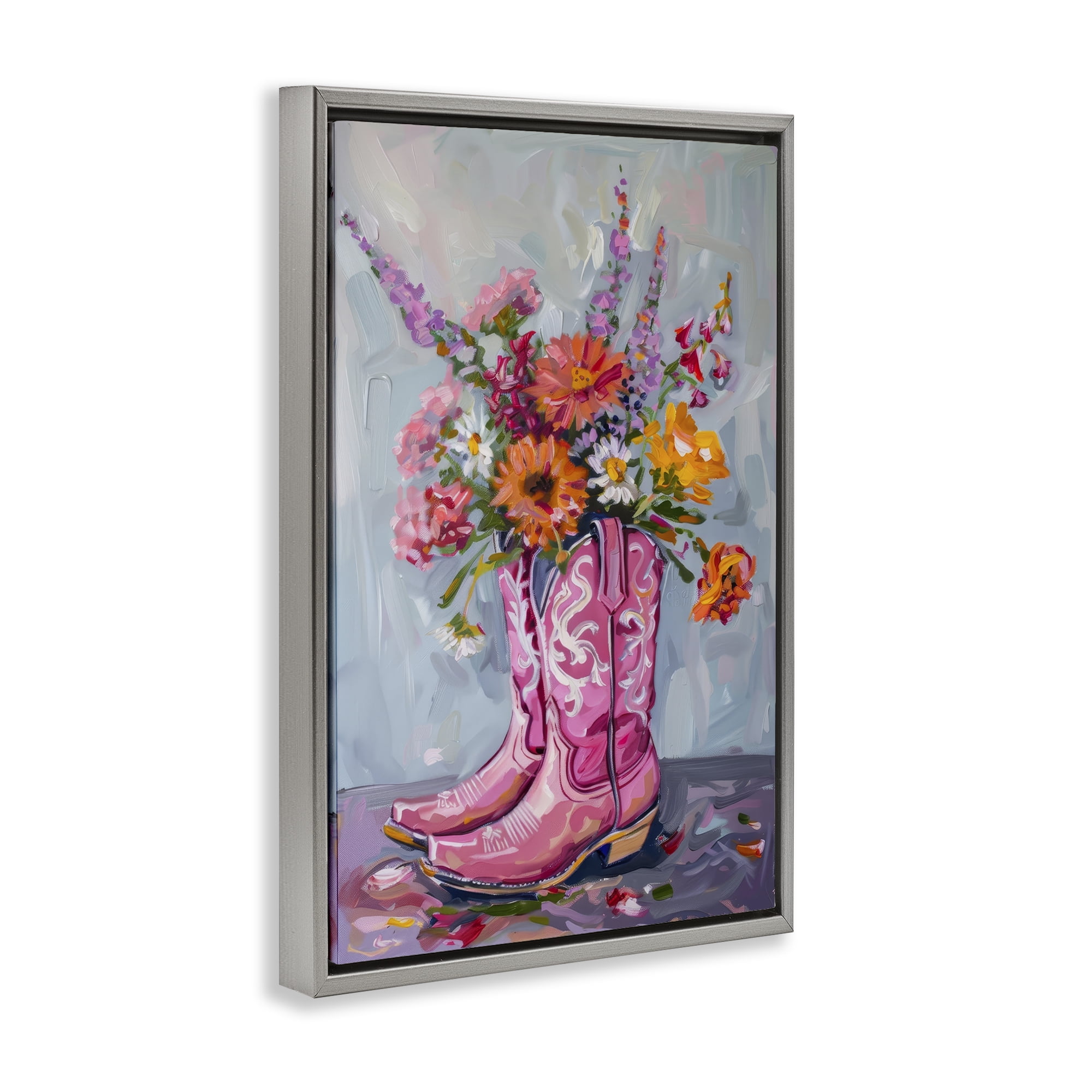 Stupell Industries Floral Cowboy Boots Plants & Flowers Painting Gray Floater Framed Canvas Art Print Wall Art, 21 x 31