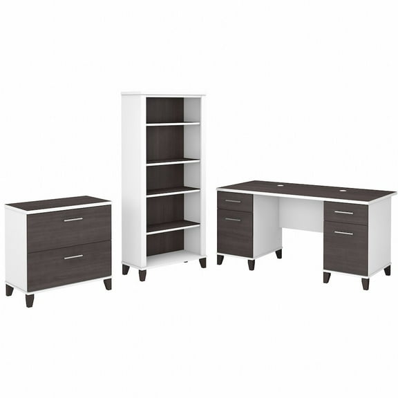 Somerset 60W Desk with File Cabinet & Bookcase in White/Gray - Engineered Wood