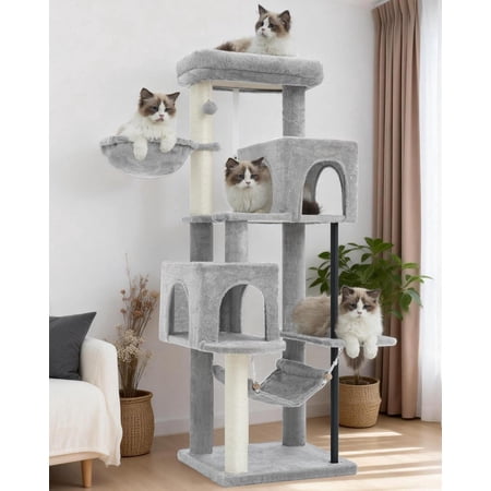 51.2 Cat Tree Tower Cat Tower with Scratching Post Sturdy Steel Pube Cat Tree for Inoor Cats Large Adult Cat Hammock and Basket Padding Top Platform Light Gray