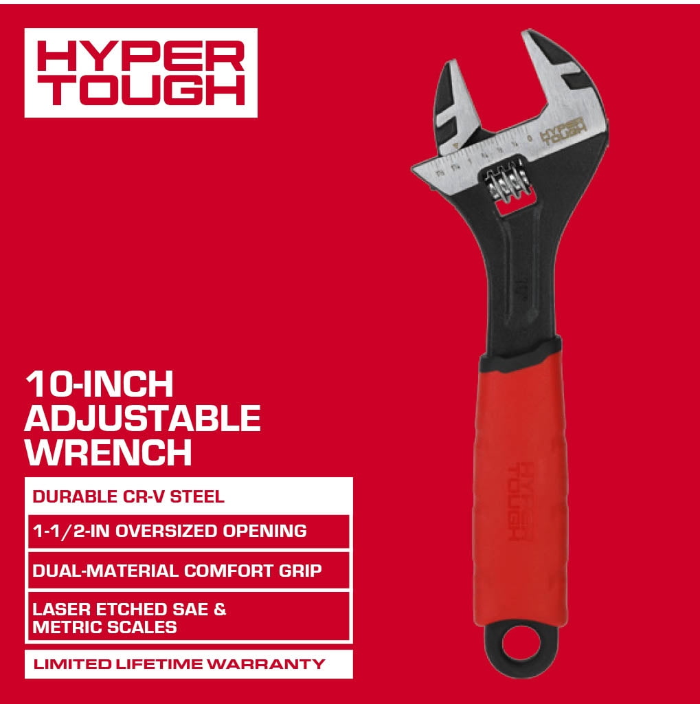 Hyper Tough 10-inch Wide Jaw Adjustable Wrench, Dual Material Comfort Grips