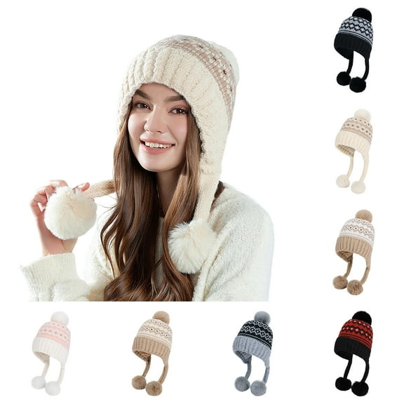 jobturf Beanie for Women Cute Fashion ​Pom Poms Winter Hats with Earflaps Soft Comfy Warm Ski Knit Hat for Outdoor Cold Weather