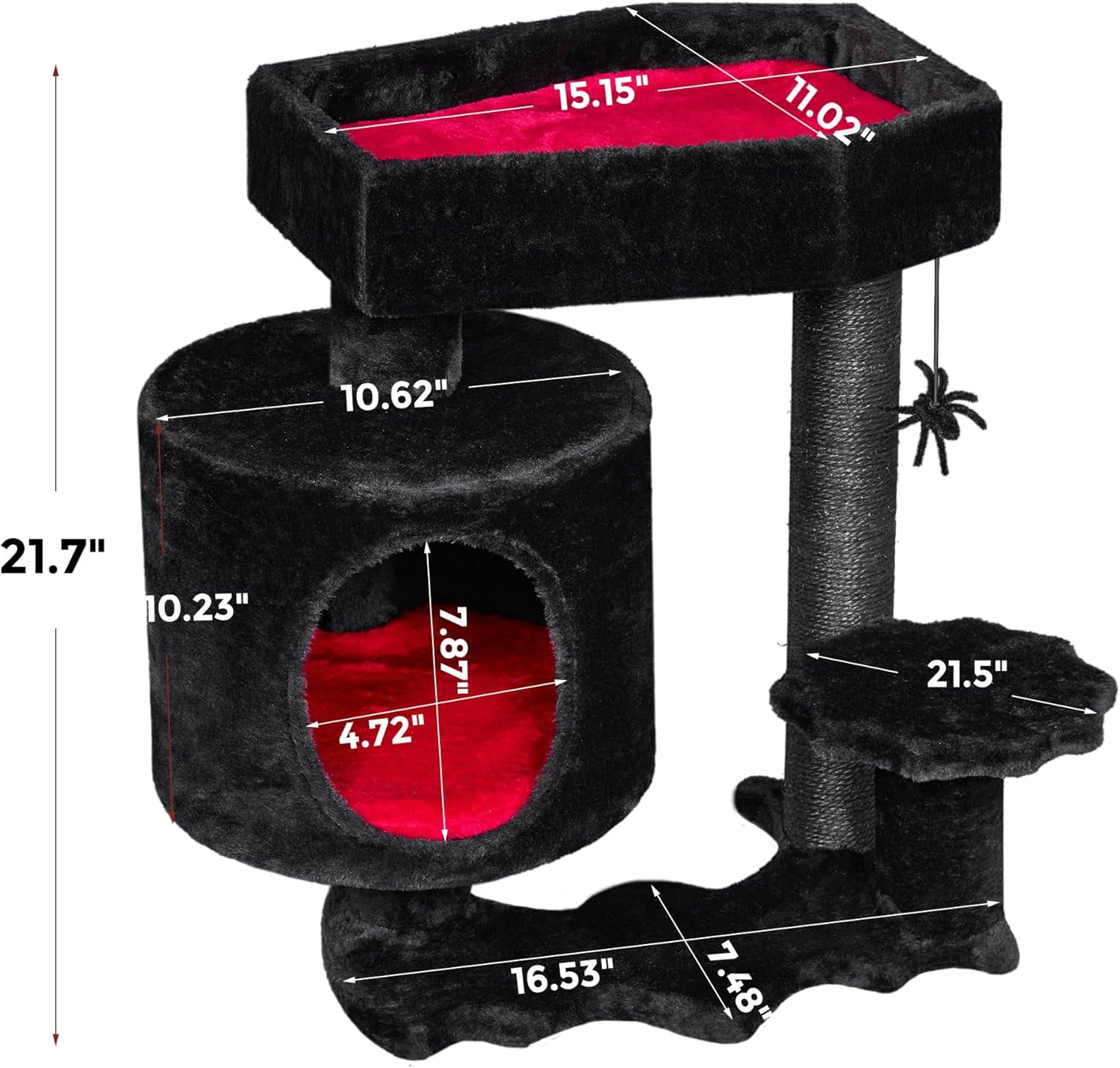 Gothic Cat Tree with Coffin Bed Goth Cat Tower Coffin Cat Tree Cat Condo with Cat Scratching Post, Spider Hanging Ball Black Red Halloween Kitten Pet Furniture