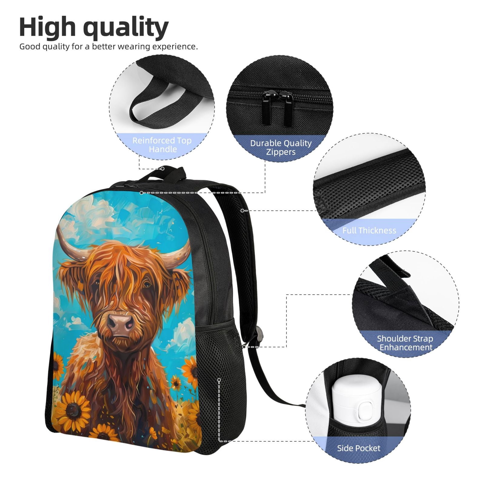 Xecao Cute Cow Sunflowers Art Print School Backpack with Laptop Compartment Small Travel Laptop Backpack for Women Men Waterproof College Backpack Simple School Bag