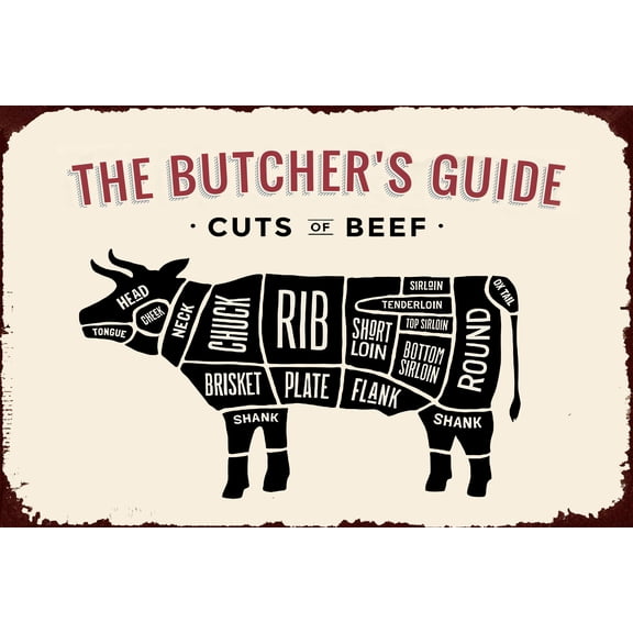 Tin Sign For Butcher's Guide Curts of Beef Metal Sign Family Farmhouse Wall Kitchen Decoration 8x12 Inch