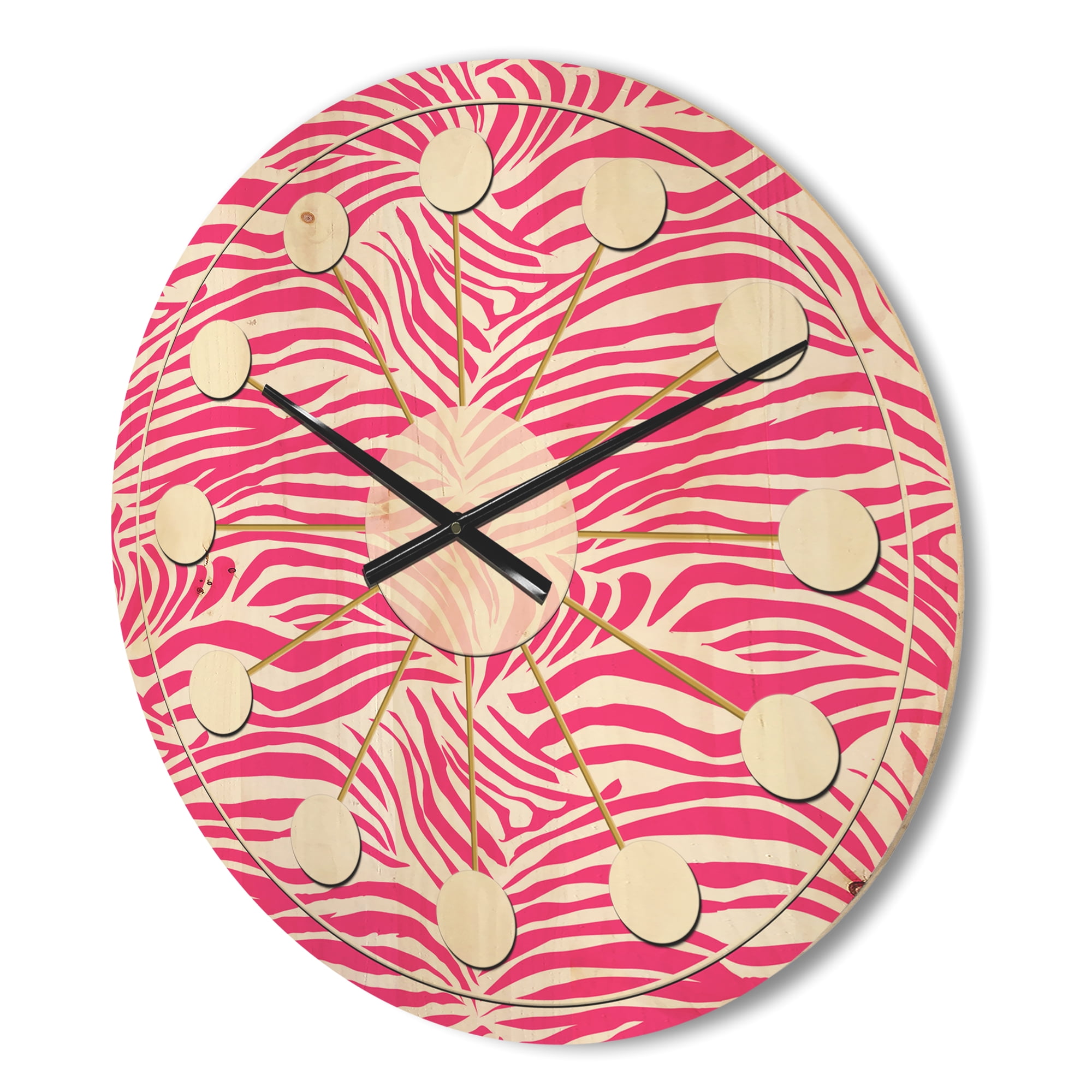 Designart 'Glamour Zebra Animal Pink Pattern' Mid-Century Modern Wood Wall Clock