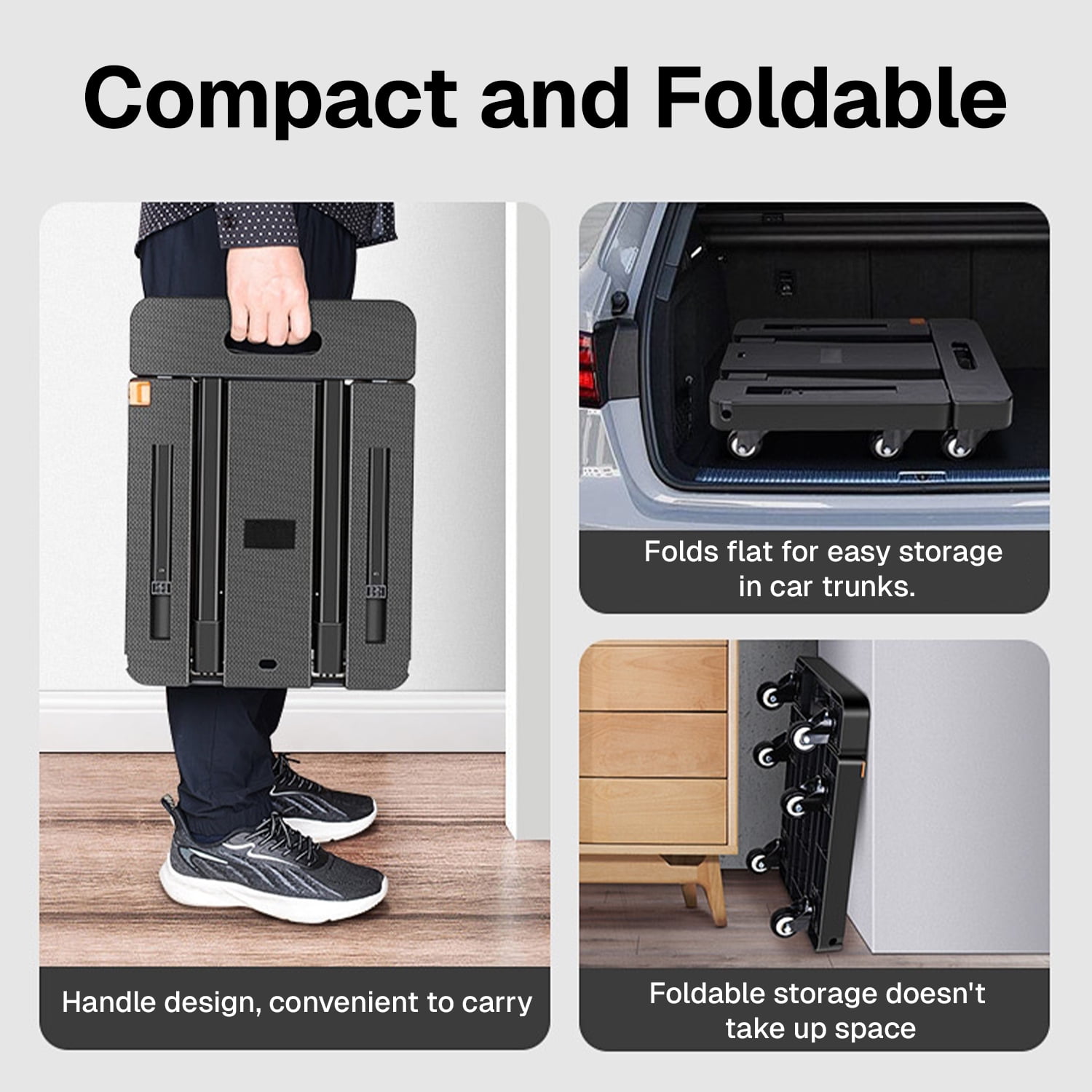 BN-LINK Folding Hand Truck, 6 Wheels Portable Dolly Cart, Lightweight Luggage Cart with 2 Elastic Rope, for Moving, Travel, House, Office, Shopping, Black