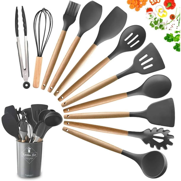 Utensilios de cocina de silicona con mango de madera 11 piezas negro