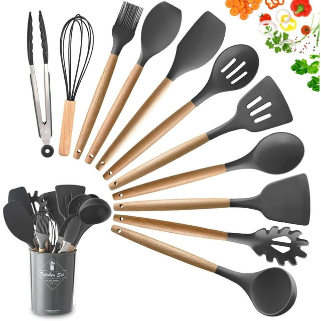 11-Piece Silicone Cooking Utensil Set, Heat-Resistant Wooden Handles, Cooking Tools, Bpa-Free, Non-Toxic, Silicone Spatula, Spatula, Spoon, Kitchen Utensil Set For Non-Stick Cookware, Gray