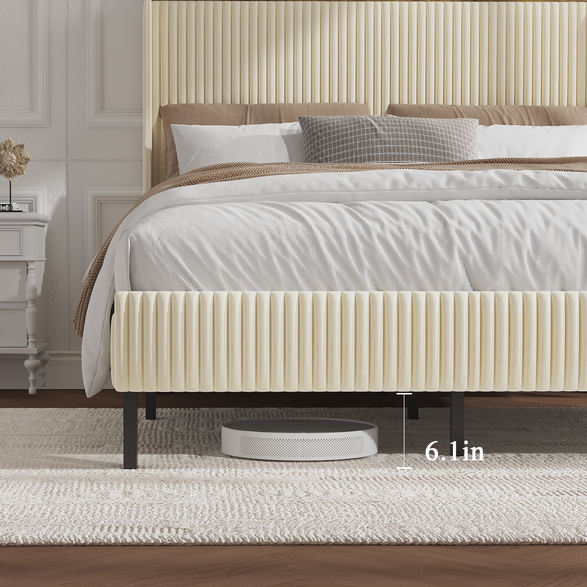 PORKISS Queen Bed Frame with Storage Headboard, LED Lights & USB/Type-C Charging Station, Cream White Upholstered Platform Bed Frame, Heavy-Duty Metal Slats, No Box Spring Needed