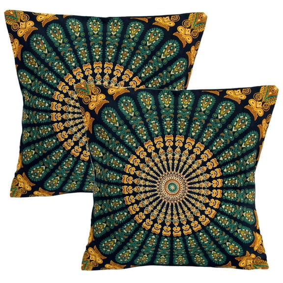 Stylo Culture Ethnic Decorative Throw Pillow Covers 16 x 16 Peacock Eye Printed Black Green Traditional 40x40 cm Home Decor Cotton Mandala Square Cushion Covers | Set Of 2