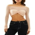 thumbnail image 2 of Women Off Shoulder Long Sleeve Top Mesh Ruched Slim Fit Crop T Shirt Sheer Blouse, 2 of 5