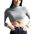 thumbnail image 2 of Seyurigaoka Women Ribbed Sweater Shirts Knitwear Long Sleeve Turtleneck Pullover Tops Contrast Color Irregular Hem Crop Tops, 2 of 5