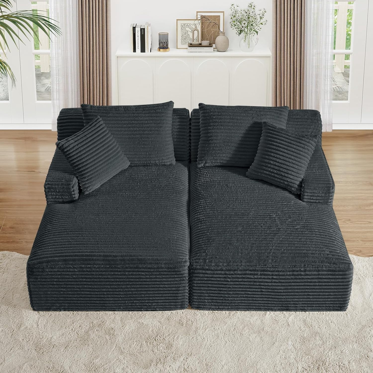 AENKYO Compressible Double Chaise Lounge Sectional Couch - Fluffy Upholstered 2-Seater Loveseat for Living Room, Bedroom, No Assembly Required, Dark Gray