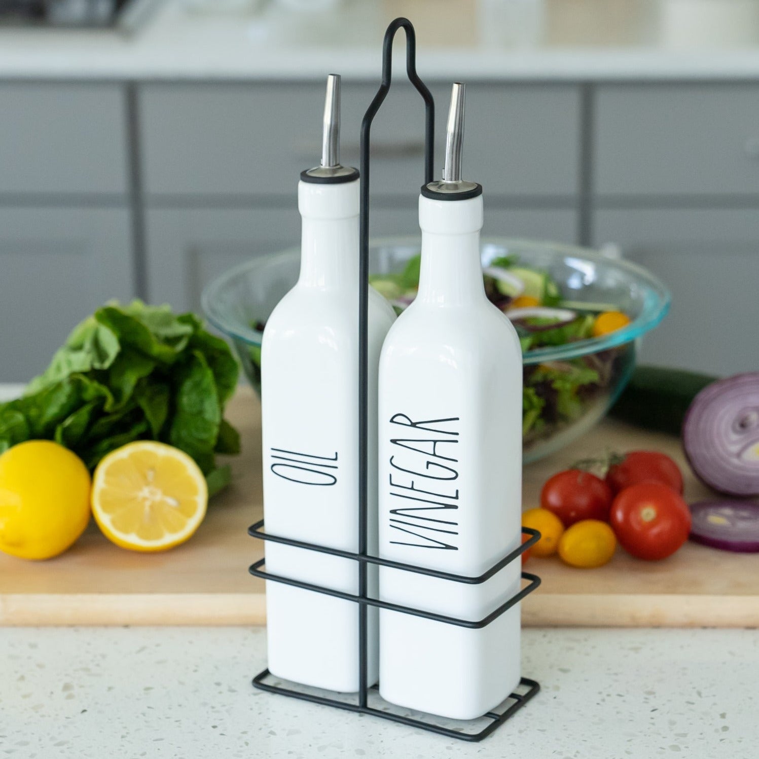 Ceramic Olive Oil & Vinegar Dispenser Set With Caddy (White)