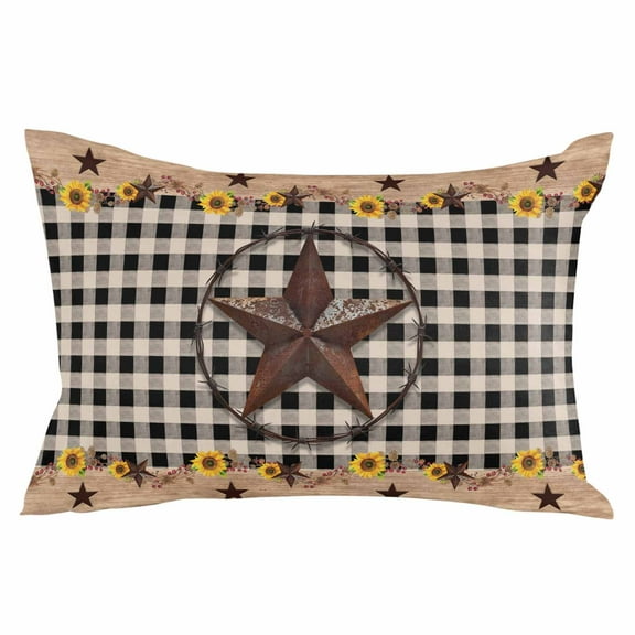 Farmhouse Vintage Throw Pillow Cover 16 x 24 Inch Decorative Pillow Cover Western Country Star Brown Plaid Lumbar Pillowcase Seasonal Rectangle Cushion Case for Couch Sofa Bed Living Room