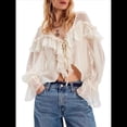 thumbnail image 1 of Blusa Playera con Volantes y Cuello en V Transparente de con Ribete de Encaje y Larga con Lazo Frontal para Mujer Cremoso L, 1 of 10