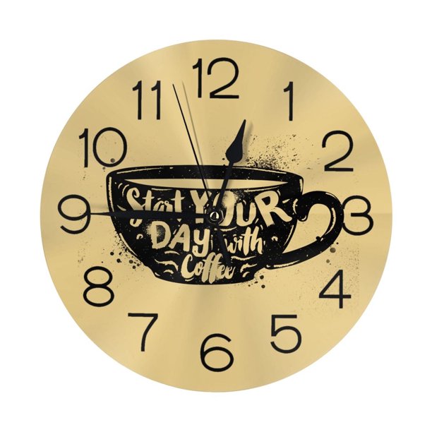 Reloj de pared con letras de taza que dice "Comienza el día con café" - Reloj de pared silencioso de 10 pulgadas que no hace tictac - Estilo rústico retro campestre decorativo para sala de estar,