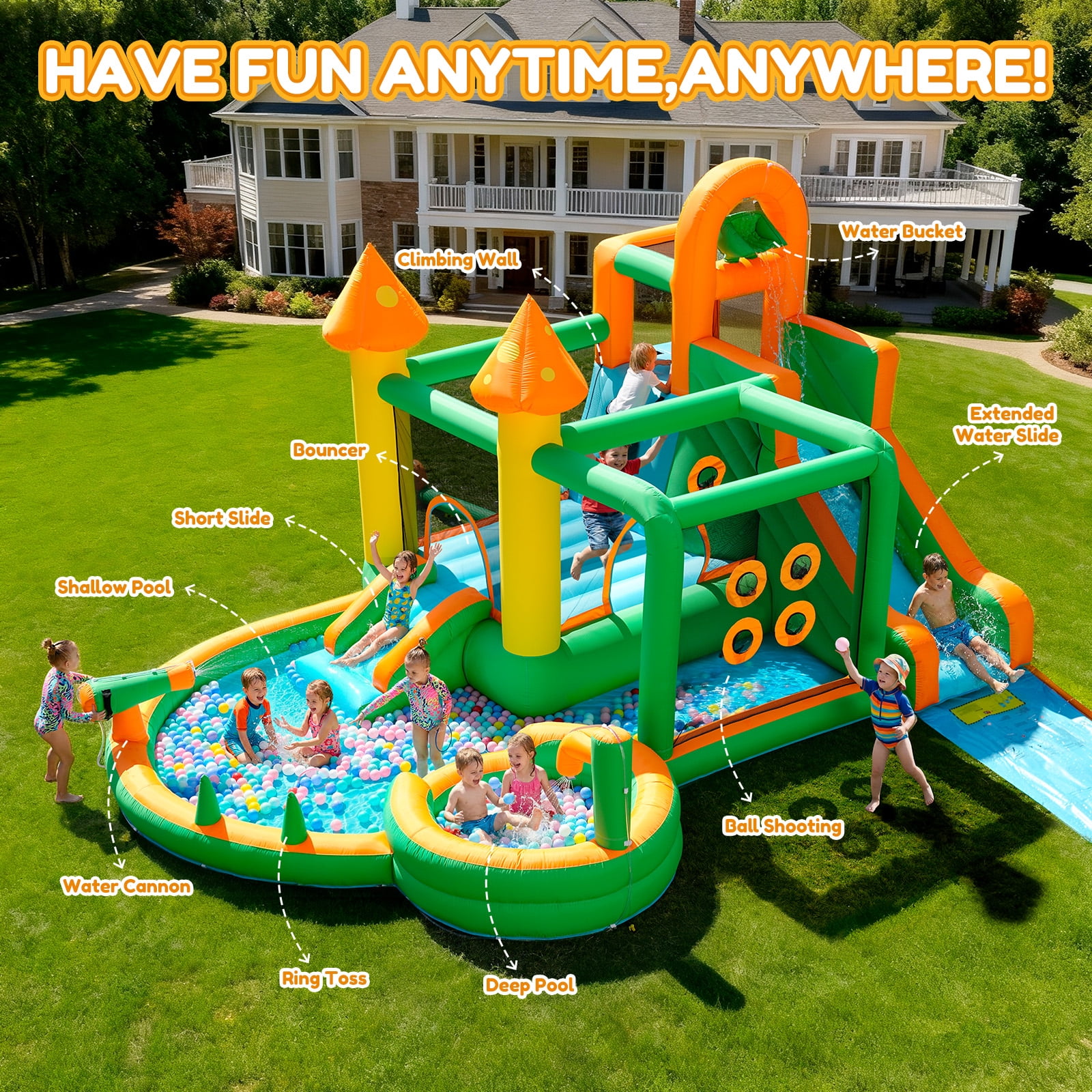 Giant 10 in 1 Inflatable Water Slide with Extended Water Slide, 342"x103"x193" Bounce House with 650 Blower, Ball Shooting, Ring Toss, Deep Pool, Water Bucket, for Kids 3-10