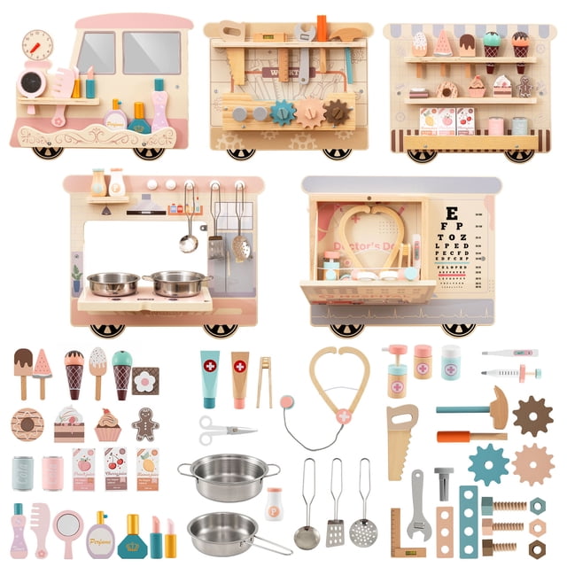 Gymax Wooden Sensory Wall Panel for Kids w/ Vanity Tool Box Play Kitchen Doctor Kit