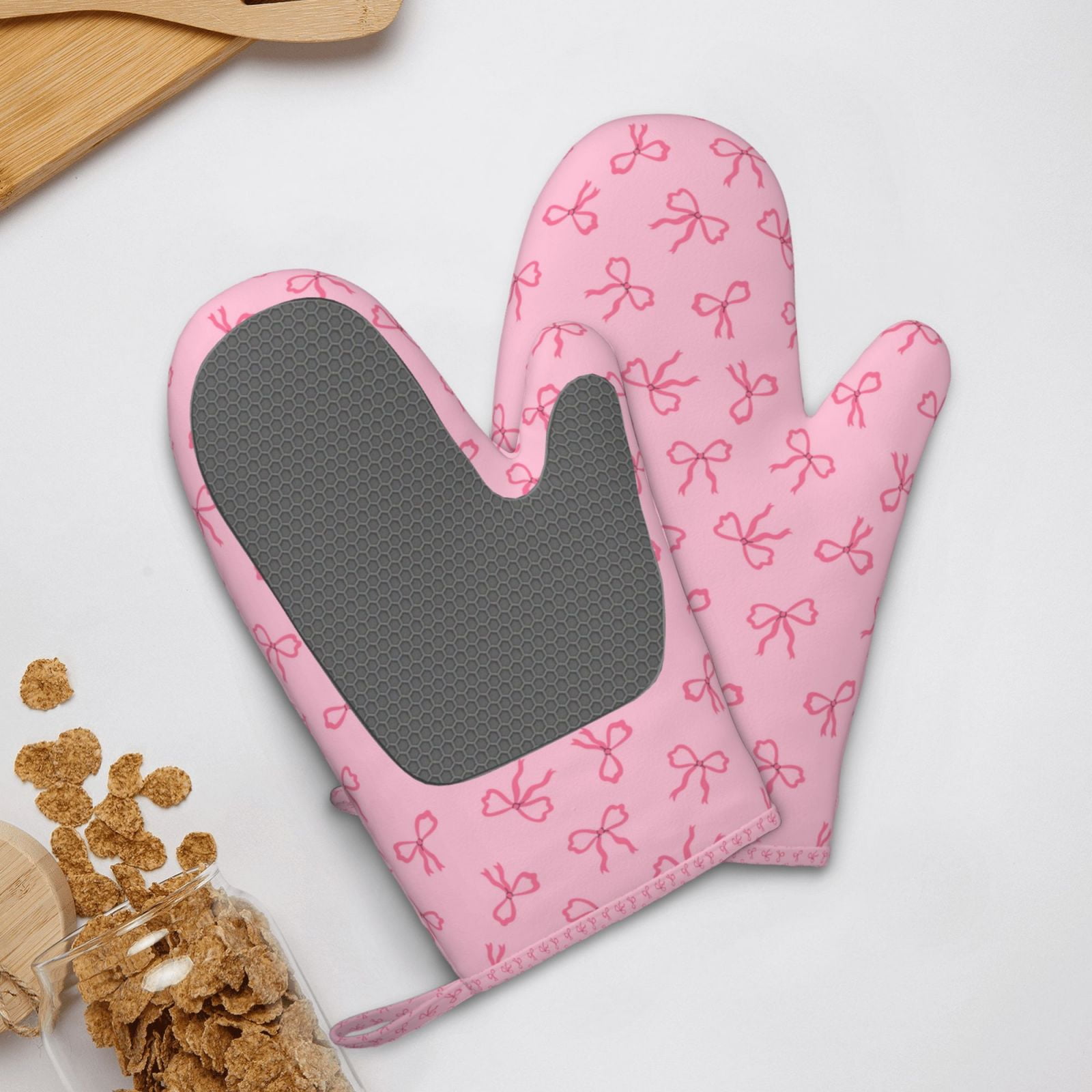 Hirioo Pink Bows for Silicone Oven Mitts for BBQ, Baking, Cooking, Set of 2, Heat Resistant 260℃, Non-Slip Kitchen Essentials