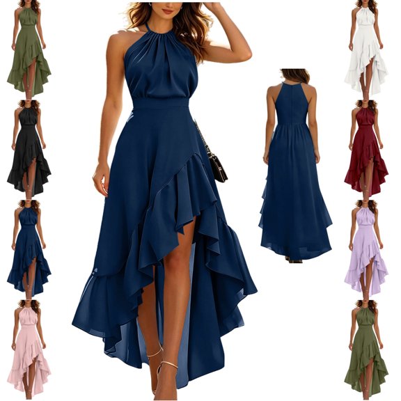 LEKEK Wedding Guest Dresses for Women Halter Ruffle A-Line Flowy Dress Sleeveless Cinched Waist Irregular High Low Summer Beach Vacation Resort Outfits