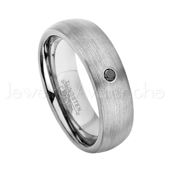 6mm Brushed Dome Tungsten Ring - 0.07ct Solitaire Black Diamond Ring - Personalized Tungsten Wedding Ring - Custom Made April Birthstone Ring TN060BS