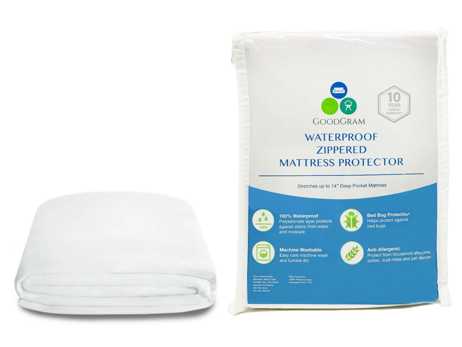 Fabric Zippered Mattress Pillow Cover Allergy Relief Bed Bugs Water Protector 