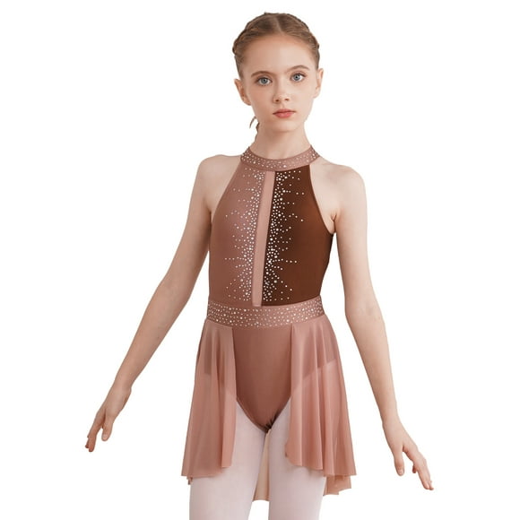 Aislor Lyrical Dance Dress for Girls Sparkly Figure Ice Skating Dress Sleeveless Rhythmic Gymnastics Skirted Leotard Coffee 16