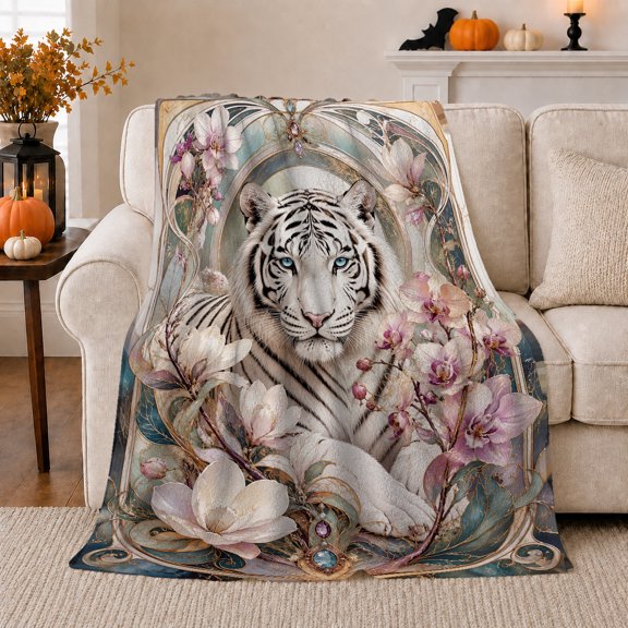 Enchanted White Tiger Orchid Garden, Mystical Botanical Garden Scene, Warm Flannel Blanket for Cabin and Lodge, Wildlife Lovers Housewarming Gift, Fantasy Home Decor