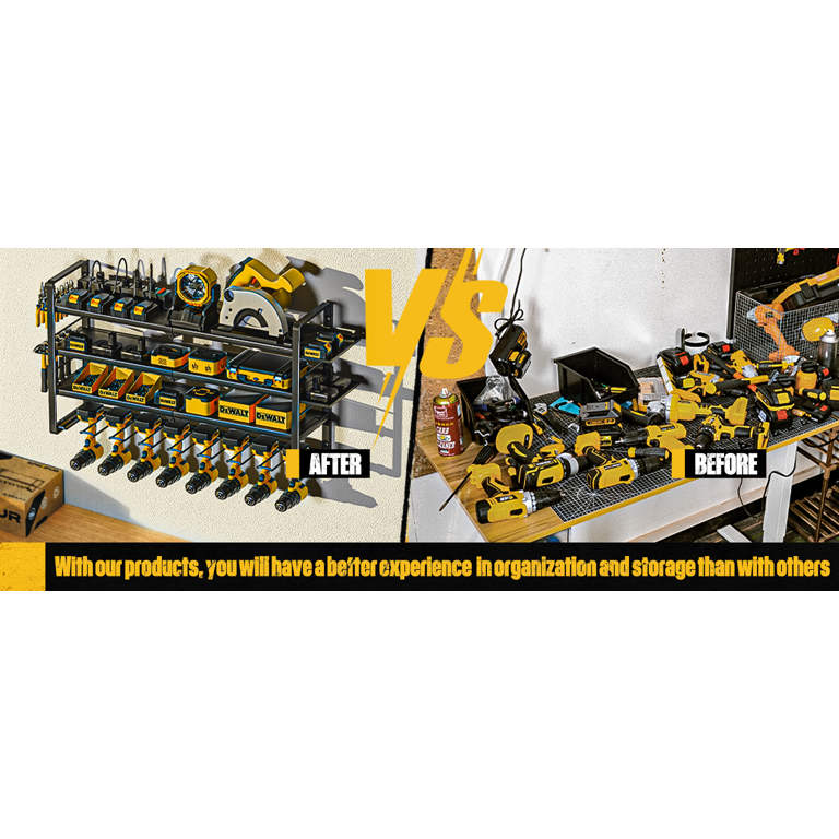 Wall Mount Power Tool Organizer With Charging Station - Holds 7 Drills, Includes 4-Outlet Power Strip