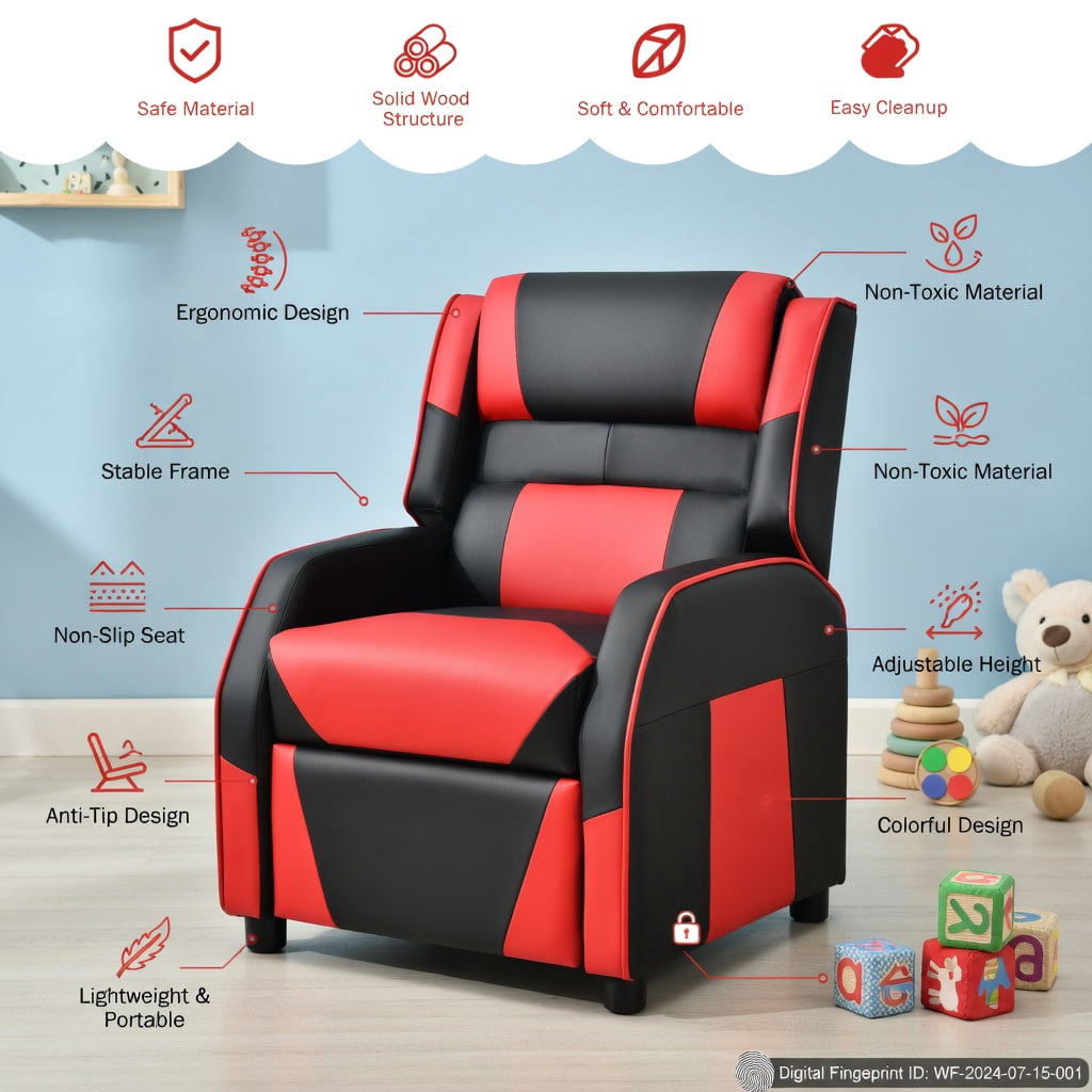 Barara King Kids PU Leather Recliner Chair with Headrest and Footrest, Kids Gaming Sofa Recliner Chair for Living Room, Bedroom, Red