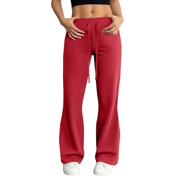 Dresfit Wide Leg Pants for Women Elastic Waisted Baggy Flare Leggings 2026 Summer Drawstring Solid Bootcut Legging Lightweight Stretch Lounge Track Pants Red L