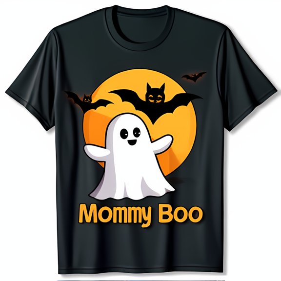 Adorable Black T-Shirt with Cute Ghost & Yellow Moon Graphic 'Mommy Boo'