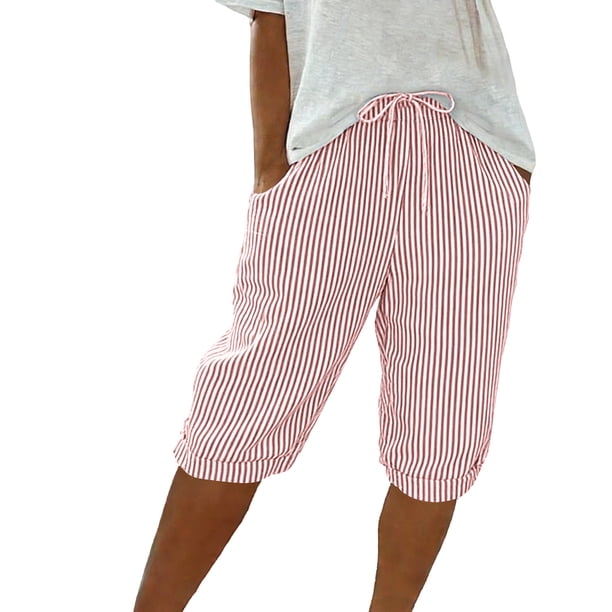 Pantalones Sueltos de Pierna Ancha para Mujeres Pantalones Cortos Sueltos Elásticos de Raya Casual Pantalones Cortos de Pierna Ancha Recta con Bolsillo