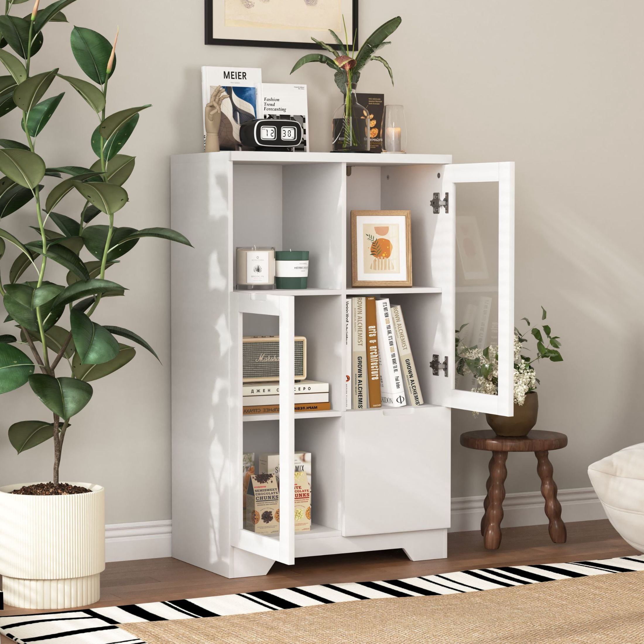 Noble House Storage Cabinet with Glass Doors and Drawer, Adjustable Shelves, White
