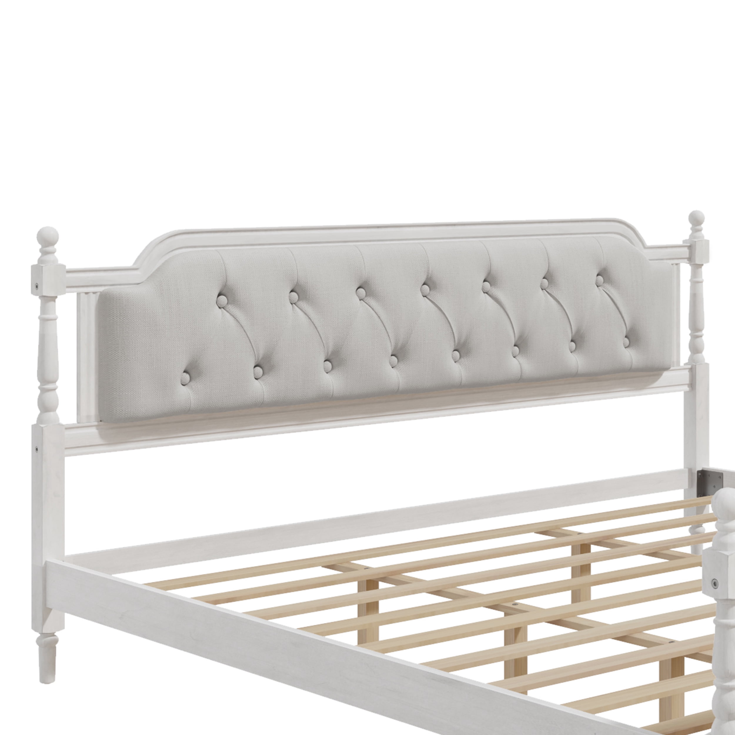 MAYEERTY King Traditional Solid Wood Bed Frame Upholstered Tufted Headboard for Bedroom Antique White