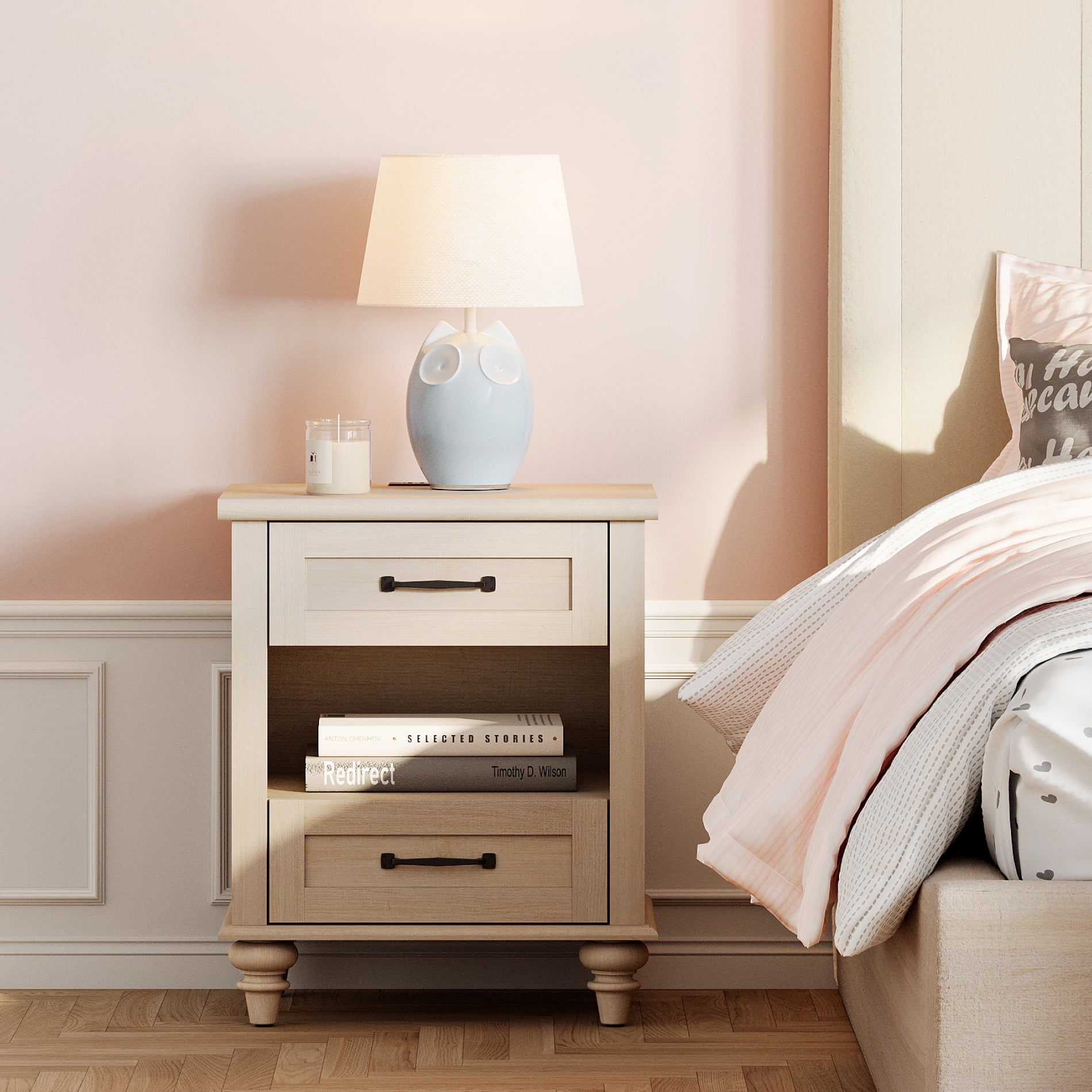 Beige End Table with Charging Station, 2-Drawer Wooden Nightstand for Bedroom, Open Shelf Side Table for Living Room