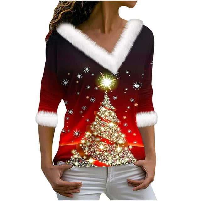 Aqestyerly Hauts à Manches Longues pour Femmes Joyeux Noël Haut à Col en V Uni Décontracté à Manches Longues Blouse Mode pour Femmes
