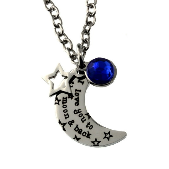 R.H. Jewelry Stainless Steel Pendant Necklace I Love You to the Moon and Back With Blue Cystal