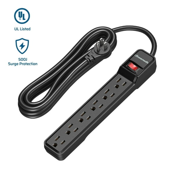 DEWENWILS 6-Outlet Surge Protector Power Strip, 25ft Long Extension Cord Power Strip, 500 J, Black