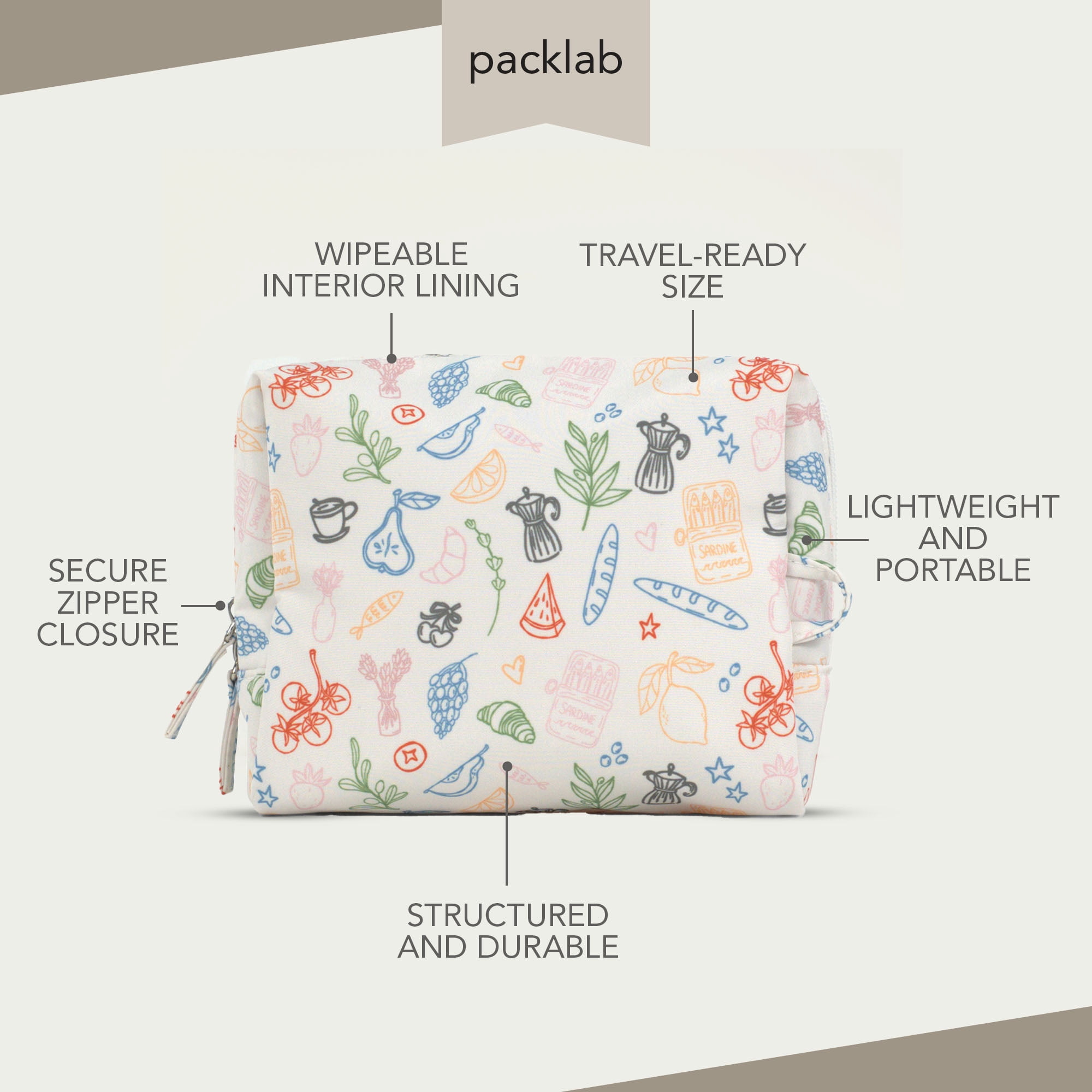 packlab Travel Makeup & Toiletry Cosmetic Bag, Cafe Doodle Organizer Pouch